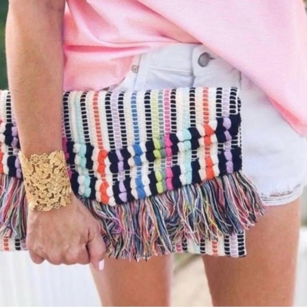 New Large Stella & Dot Taj Hand Woven Colorful Fringe Clutch - Picture 2 of 6
